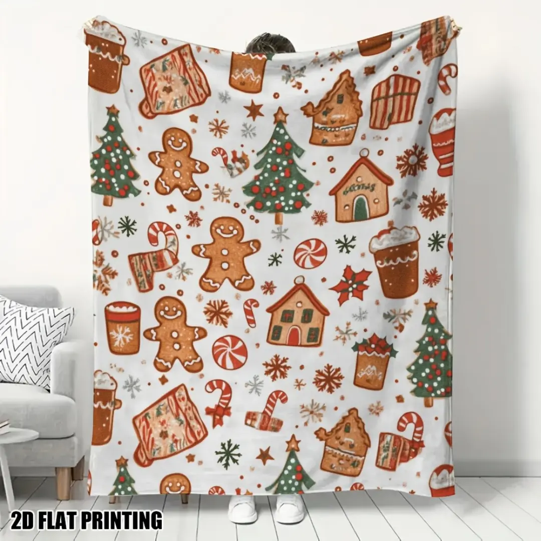 1pc Ultra-Soft Christmas Gingerbread Delight Print Flannel Throw Blanket, Twin Size All-Season Blanket for Sofa, Bed, Camping - Ideal Gift for Textiles & Soft Furnishings Enthusiasts