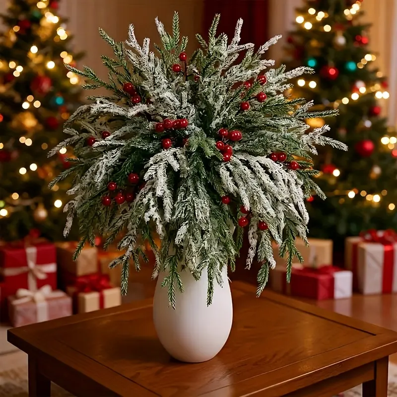 40 Artificial Norfolk Pine Branches with Red Berries - 12.8-inch Christmas Greenery Set. Made with select Norfolk pine branches and artificial pine needles. Ideal for DIY handmade wreaths, Christmas decorations, and home décor.