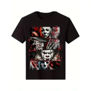 Men'S  Cotton Horror Icon Graphic T-Shirt - Black Short Sleeve Casual Street Trend T-Shirt All Season Comfort Fit Breathable Crew Neck T-Shirt For Horror Fans, Comfortable To WearUnisex T-shirts M-5XL