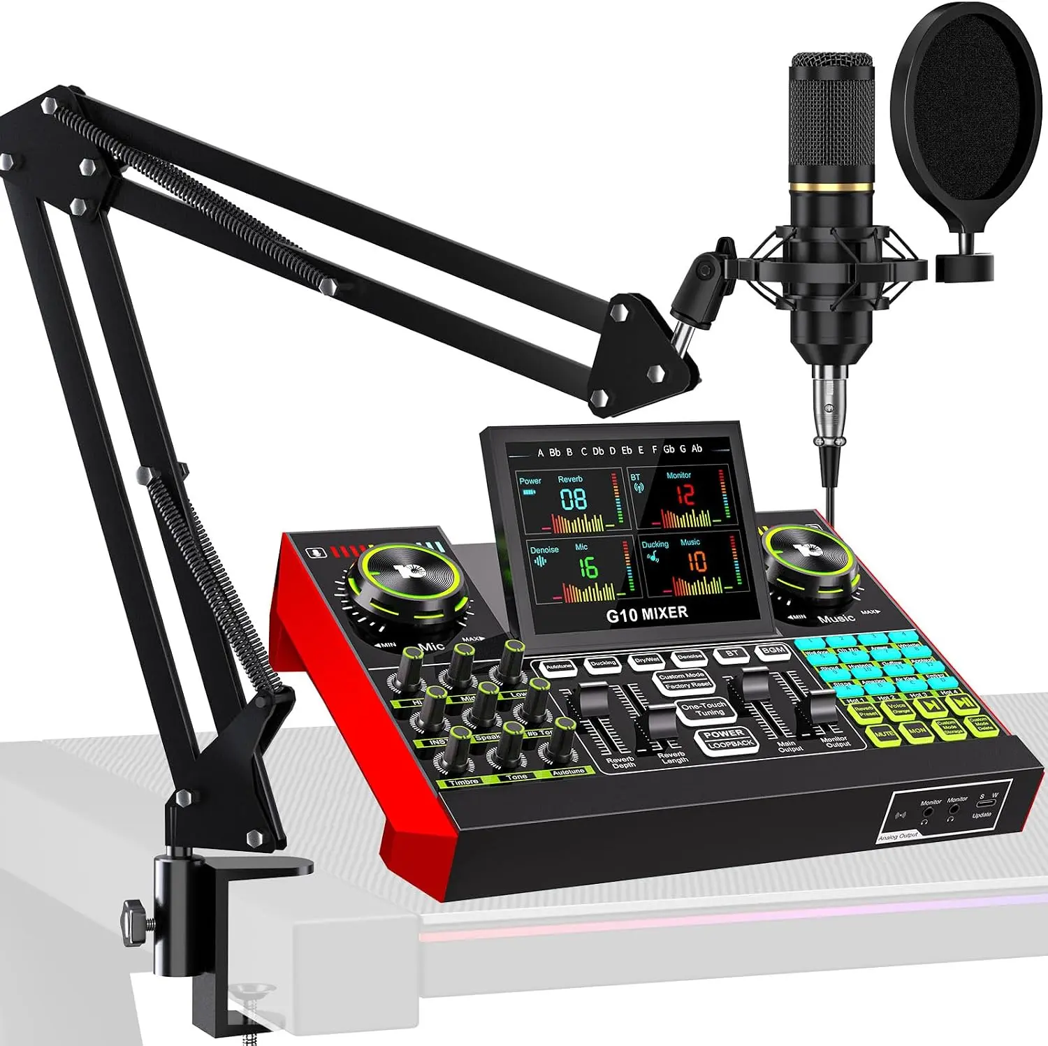tenlamp Podcast Microphone Bundle with Live Sound Card Audio Mixer, Podcast Equipment Bundle with 3.5mm Boom Mic for Pc/Phone Live Streaming Singing Gaming, Sound Board with Voice Changer, Denoise