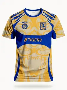 Men's Tiger Style Soccer Jersey, Tiger Graphic Print, Short Sleeve Football Shirt, Casual Fitted Top, Sports Top, Mexican Liga Mx Fan Apparel