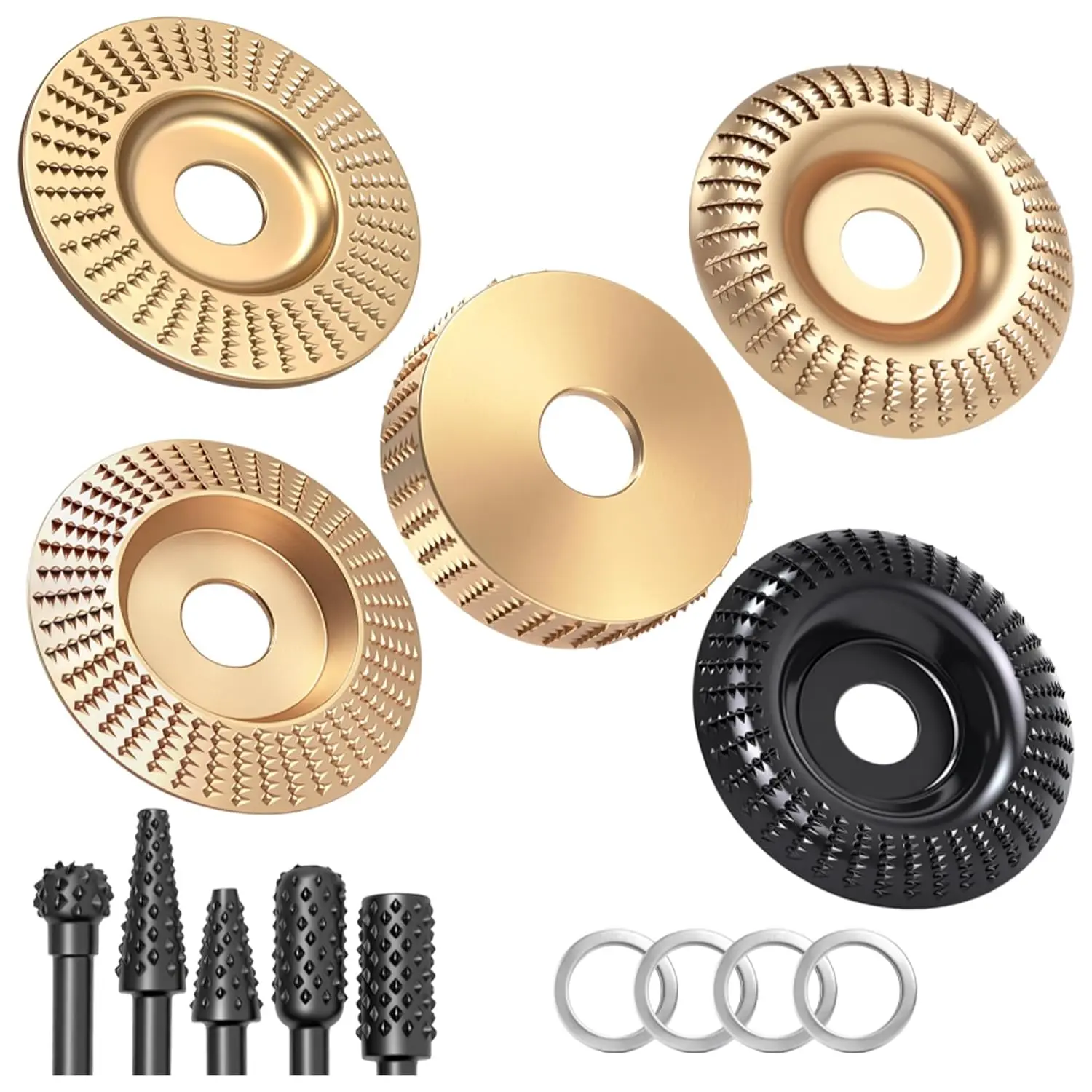 1Set  Angle Grinder Wood Carving Discs, Wood Grinding Wheel for 4" or 4.5" Angle Grinders, Equipped with Rotary Burr and 5/8" Adapter Rings, 45 Carbon Steel Chainsaw Carving Tools
