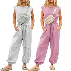 Buenoble Women’s Casual Sleeveless Jumpsuit Crewneck Cap Sleeve Wide Leg One Piece Romper with Drawstring Pockets SpringStatements