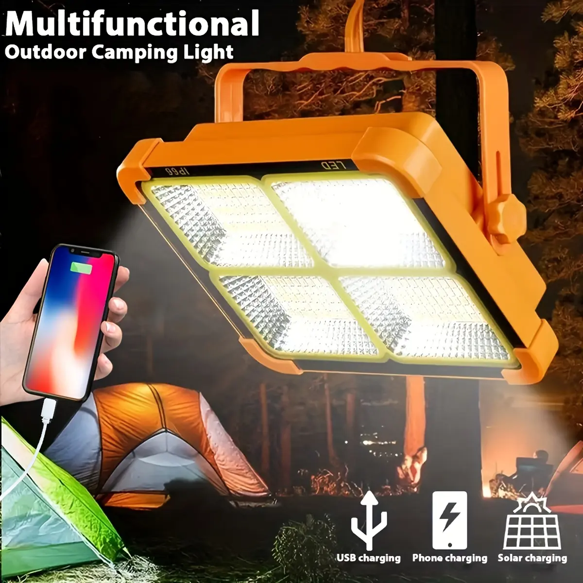 Portable LED Work Solar Light with Stepless Brightness Job Site Battery Rechargeable LED Floor Light Camping Lights with USB & Type-C Charging for Emergency Worklight for Outage Emergency Light, Waterproof IP66