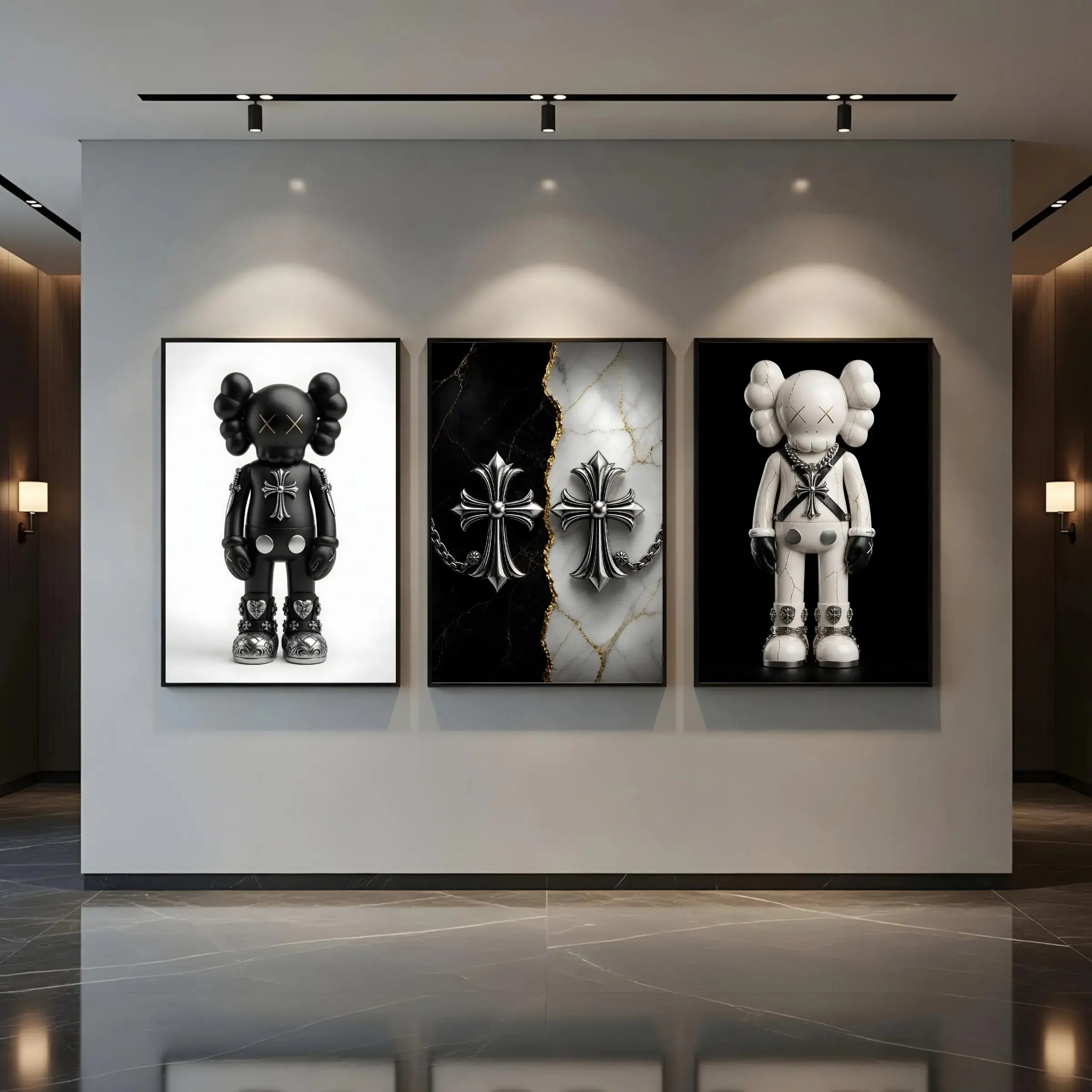 Chrome Hearts Kaws Poster Set of 3, Black White Hypebeast Decor Wall Art, Gothic Luxury Decor, Silver Cross Prints, Dark Fashion Room Decor