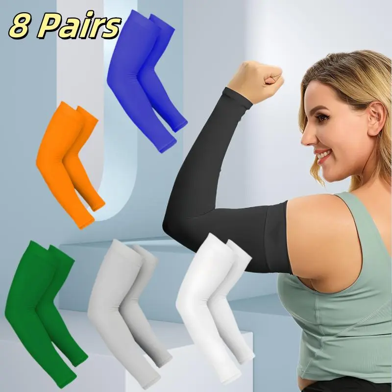 8 Pairs Cooling Arm Sleeves,Arm Sleeves Breathable, Stretchable, QuickDrying For Sports & Daily Use, Unisex lce Fabric, Elastic Fit, SunProtection Accessory For Summer Activities, Cycling, Breathable Compression Sleeves, Cooling Arm Covers