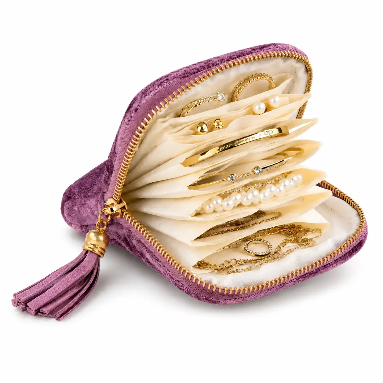 Travel Jewelry Organizer Pouch - Zippered Multi-Layer Accordion Storage Bag with Tassel, Portable Holder for Rings, Earrings, Bracelets, Necklaces