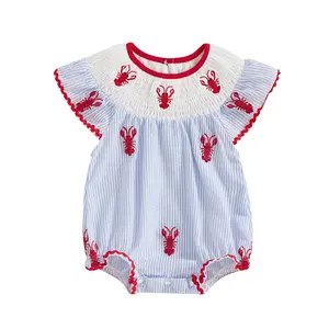 Newborn Infant Baby Girl Smocked Bubble Onesie Bodysuit Summer Lobster Embroidery Sleeveless Onesie Striped Crawfish Embroidered Romper Clothing Comfortable