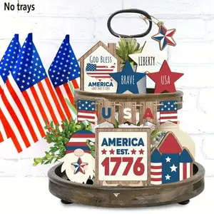 Independence Day Tiered Tray Wooden Decor Set, 1 Set Independence Day Decorations, Home Decor for Indoor & Outdoor, Ornaments, Party Decoration Supplies