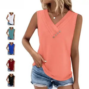 WIHOLL Women Summer Button Down V Neck T Shirts Sleeveless Loose Fit Fashion Tops
