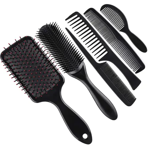 6 Pieces Hair Brush Comb Set Paddle Brush Detangle Hair Brush and Black Combs for Men and Women Wet, Dry, Curly and Straight Hair