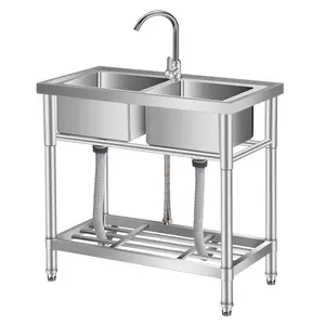 Garvee Commercial Stainless Steel Freestanding Utility Sink with Single or Double Bowls, Hot & Cold Water Faucet, and Storage Shelf, Perfect for Kitchens, Laundry Rooms, Outdoor Use, and Restaurants, Available in Various Sizes