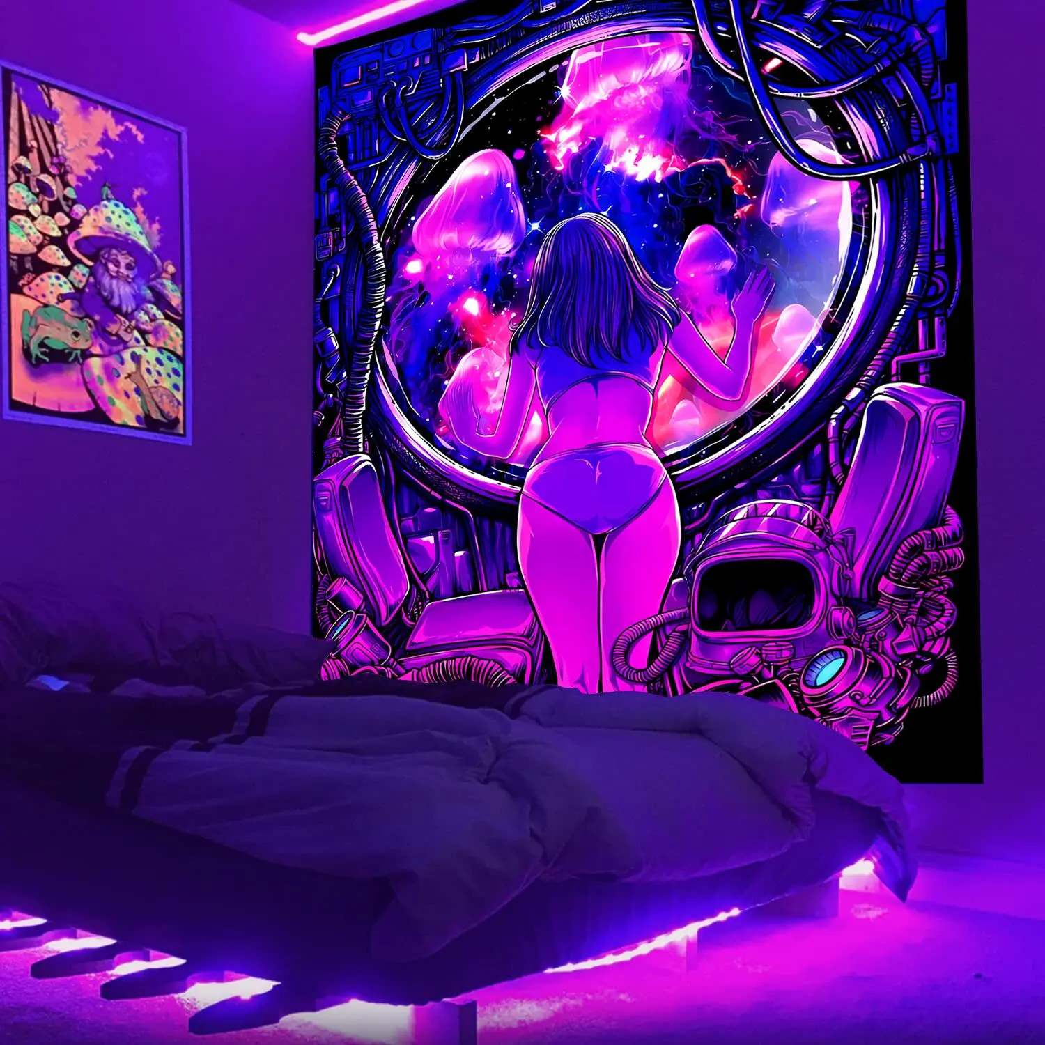 Galaxy Space Girl Pattern Fluorescent Hanging Tapestry - UV Blacklight Halloween Decor, Home Interior Backdrop for Living Room, Bedroom