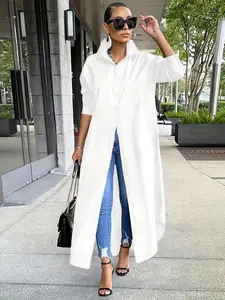 Women's Solid Button Design Longline Button Up Shirt, Casual Chic Minimalist Long Sleeve Outerwear for Daily Wear, Ladies Clothes for All Seasons, Longsleeves Top, Casual Classy Elegant