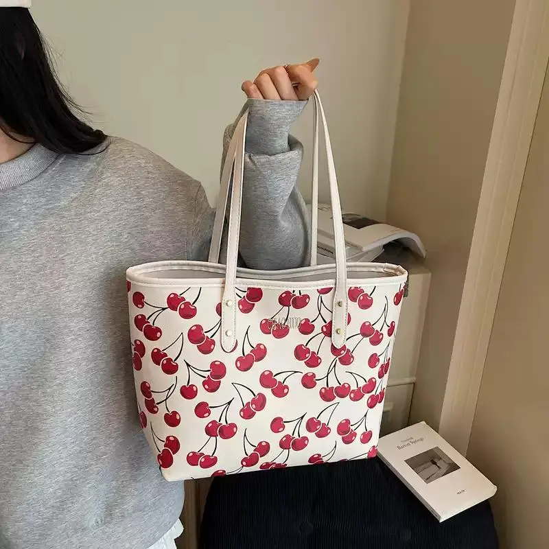 Women's Cherry Printed Tote Bag - Large-Capacity, Stylish, Versatile Shoulder Handbag, Daily Commuter & Shopping Carry Bag, Lightweight, Daily Commuter Bag, Printed Tote Bags