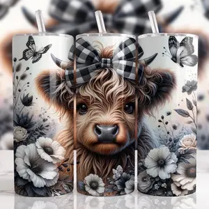 20oz Printed Highland Cow Vacuum-Insulated Tumbler - Double-Wall Portable Kitchenware Drinkware, Stylish Water Bottle for Coffee and Beverages, Water Bottles