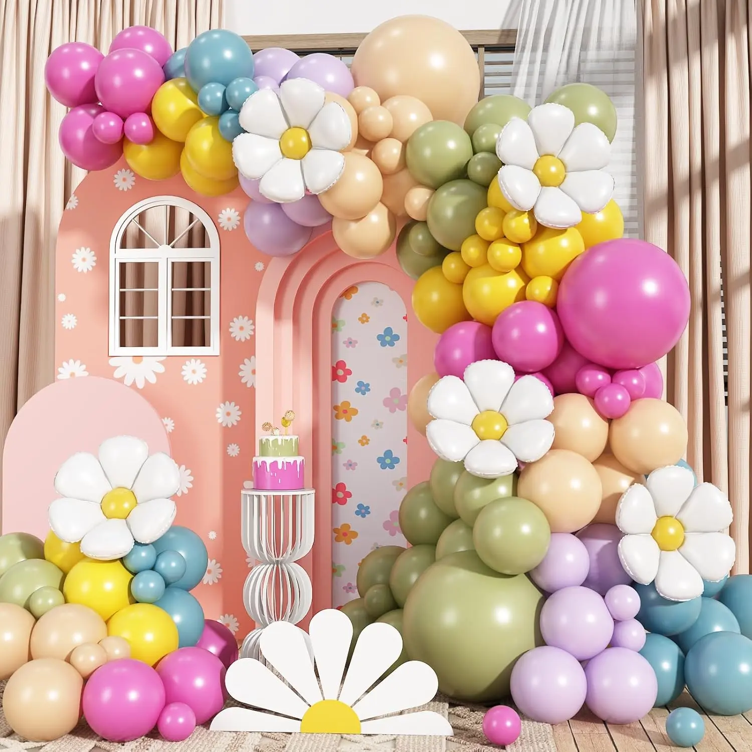 163Pcs Latex Pastel Daisy Floral Balloon Garland Kit - 5-inch & 10-inch Pink, Green, Yellow Wildflower Balloons, Reusable Curling Ribbon, Decor for Pink Baby Shower, Boho Spring Party (Lasts 3-5 Days, Ideal for Decor), Balloon Decor