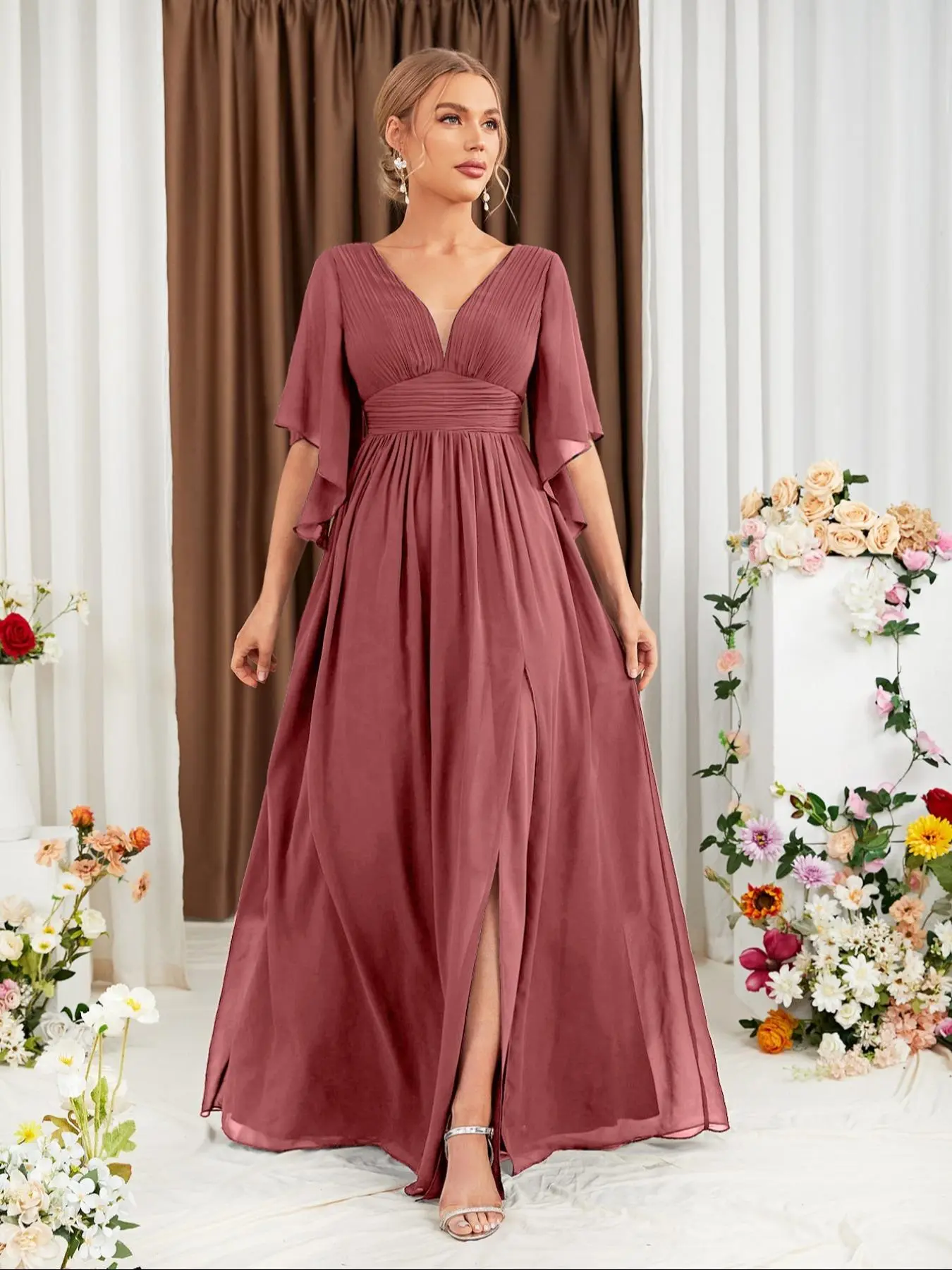 Women's Plain Floral Lace V Neck Bridesmaid Bridal Shower Formal Fitted Dress Gown, Elegant Fitted Bishop Sleeve Long Dress for Wedding Party, Ladies Clothes for All Seasons, Womenswear