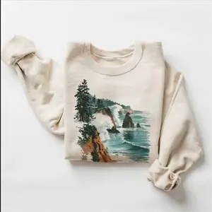 Retro Oregon Coast Winter Cliffs and Waves Sweatshirt - 90s Vintage Vacation Sea Coastline Boho Unisex Cotton Pullover