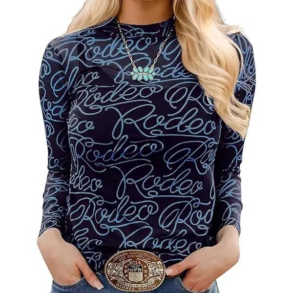 Chvity Lady's Chic Western Blouse, Sheer Mesh Letter Print Long Sleeve Mock Neck Top for an Evening Out, Holiday, Vintage