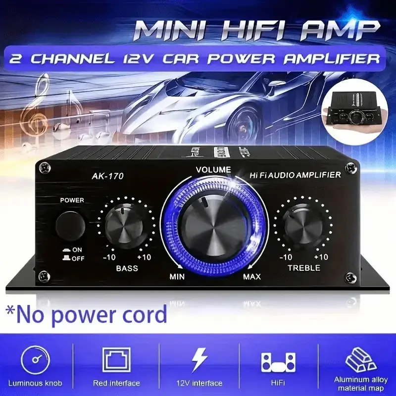 AK-170 Mini Car Audio Amplifier 12V 20W High-Power for Cars Motorcycles Computers MP3 Players Home Road Vehicles Black with Blue Indicator Lights Battery-Free Modern Durable Audio Equipment Car Accessories Auto Parts