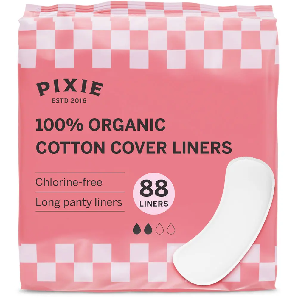 Pixie Organic Cotton Panty Liners for Women - Long Wrapped Pantiliners - Light Absorbency & Ultra-Thin - Leak-Proof, Hypoallergenic & Unscented for Feminine Care - Compostable - 88 Count