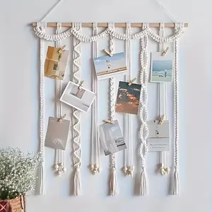 Bohemian Macrame Photo Frame Wall Hanging, Aesthetic Design Tassel Decor with 20 Clips, Dual Purpose Picture Display & Hair Organizer, Interior Wall Decor