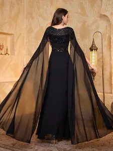 Elegant V-Neck Sequined Chiffon Dress, Long Sleeve Evening Gown, Party Prom Attire, Sparkling Beaded Design, Floor-Length Style