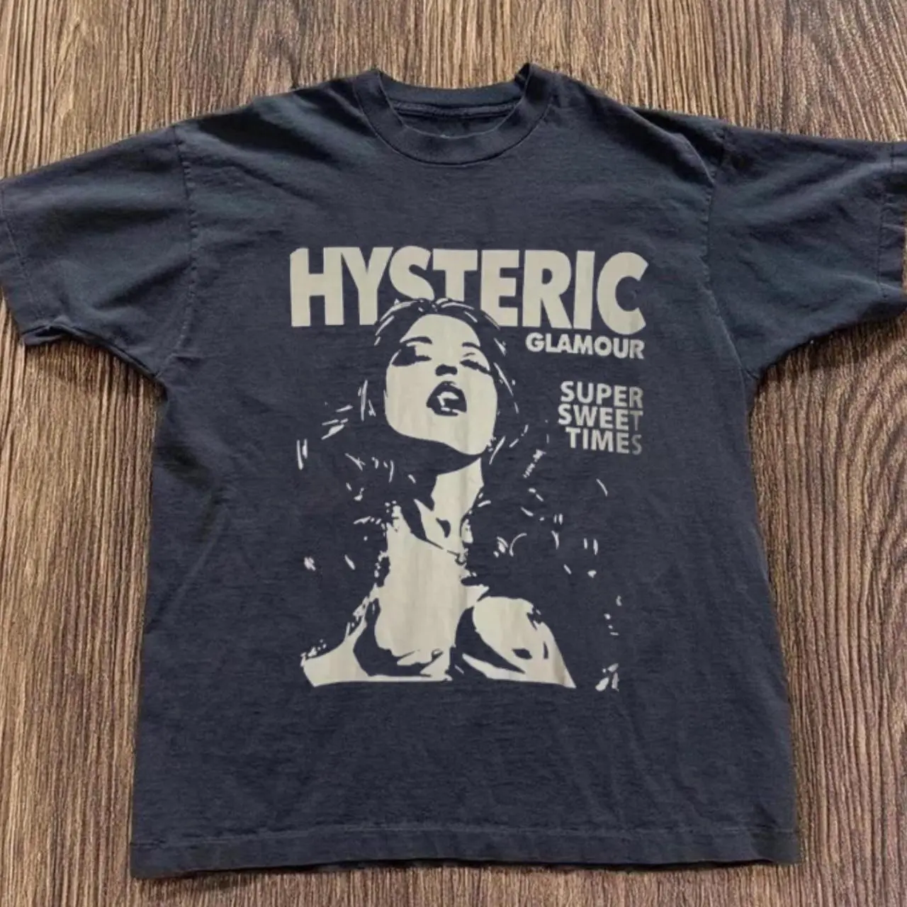Gildan men’s black T-shirt, 'HYSTERIC GLAMOUR' and 'SUPER SWEET TIMES' graphic tee