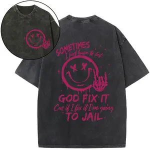 Unisex T-Shirt "Sometimes I Just Have To Let God Fix It" Dripping Smiley Skeleton Hand Graphic Tee Funny Christian Aesthetic Vintage Washed Cotton Oversized Short Sleeve Shirt for Men and Women Humorous Faith Gift New Year Gift