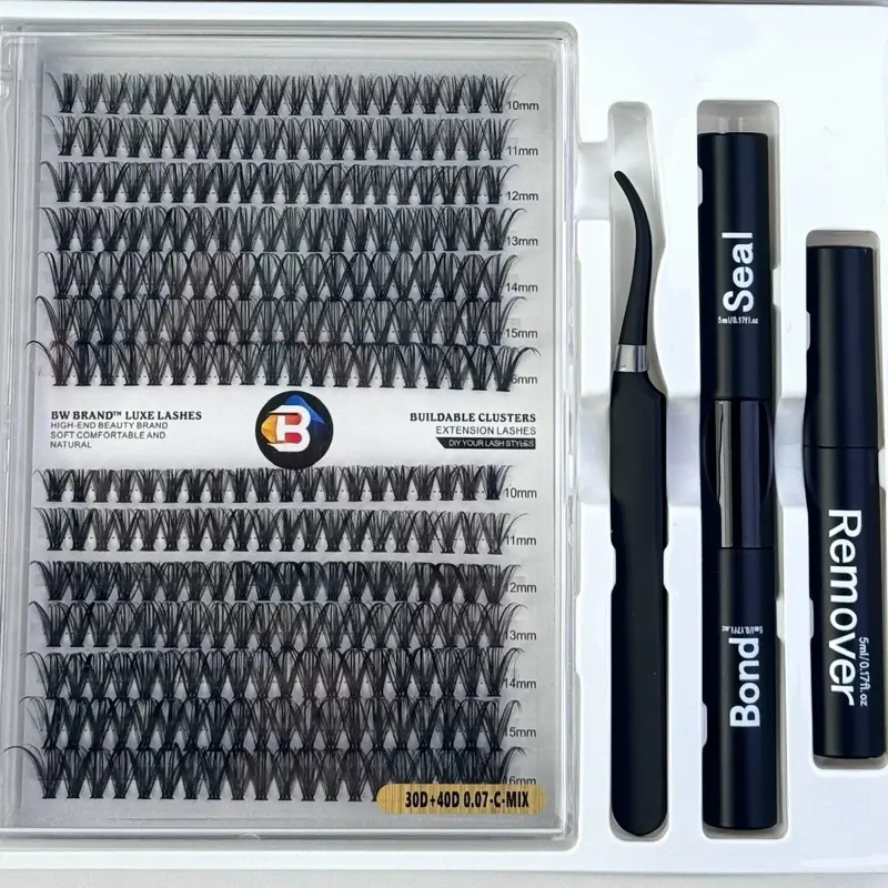 BW Brand Luxe Cluster Lash Kit with Bond & Seal, Remover and Tweezers – C Mix