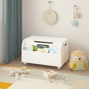 Wooden Toy Box Storage Organizer with 4 Universal Wheels, Front Shelf, Flip-Top Lid, Safety Hinge, Kids Chest Bench for Playroom & Kids Room Organization (White)