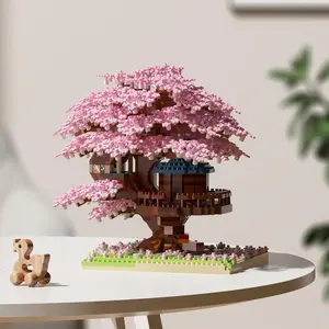 Cherry Blossom Tree House Design Flower Building Blocks Set, Creative DIY Tabletop Decorations, Romantic Gift for Girlfriend, Home Decoration, House Building Kit, Diy Building Model