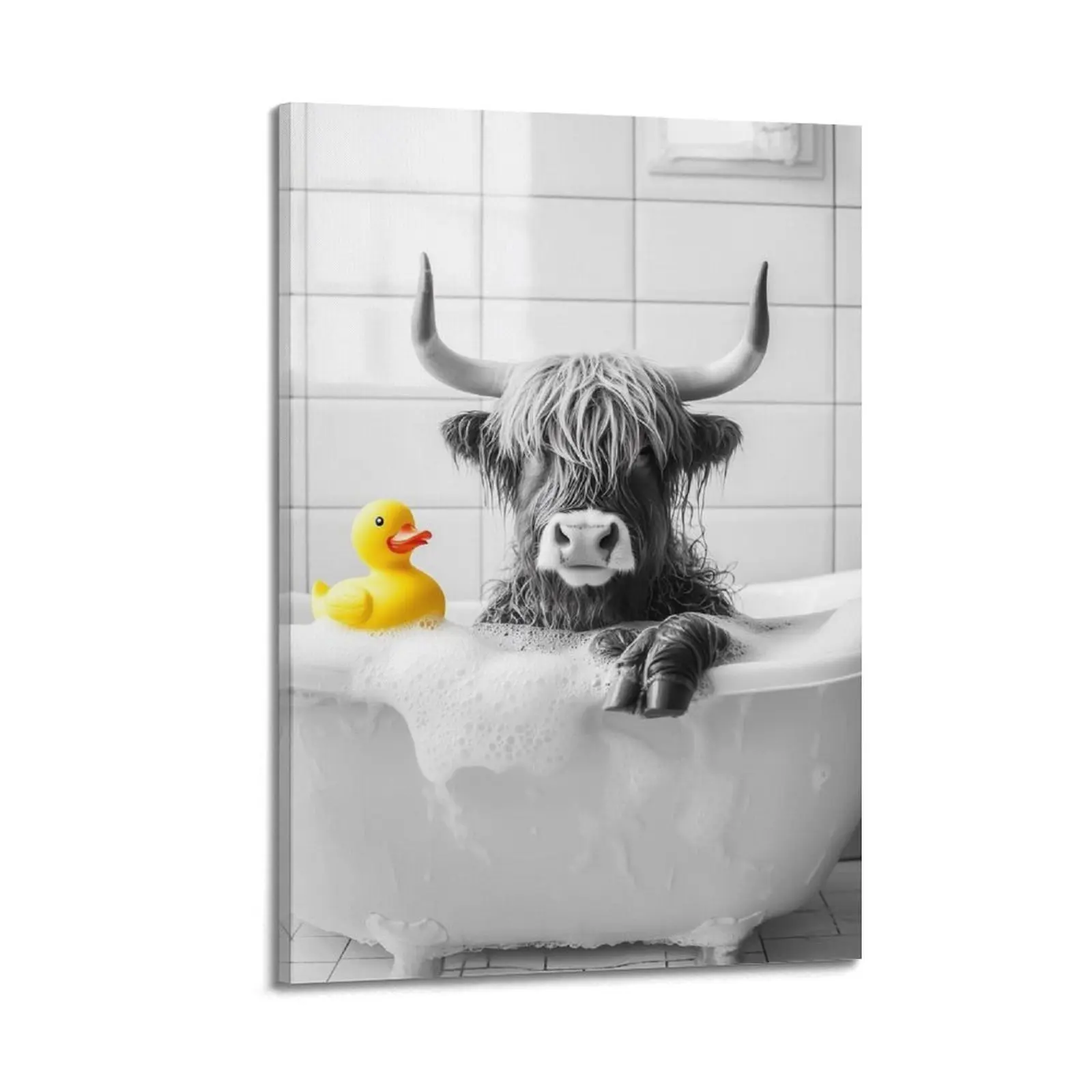 Black and White Highland Cow Canvas Poster - Frameless Home Decor Wall Art, Cute Cow Ornament for Living Room & Bedroom, Modern Aesthetic Decoration Gift for Family Spaces