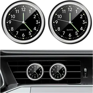 2PCS Stick on Dashboard Car Clock, Mini Luminous Automotive Vent Clip Quartz Clock, Alloy Waterproof Analog Clock Universal for Car Boat Bike Home, Interior Car Accessories (Black+Black)