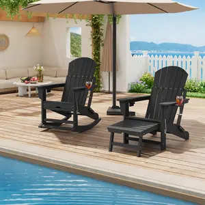 Weather Resistant Folding Adirondack Rocking Chairs 2 Piece, HDPE Outdoor Seating with Retractable Footrest, Built-in Cup Holders & Wide Armrests, Heavy Duty Garden Chairs for Backyard & Deck