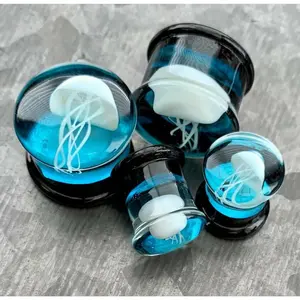 PAIR of Stunning Floating Jellyfish Design Pyrex Glass Double Flare Plugs -Gauges 0g (8mm) through 1" (25mm)