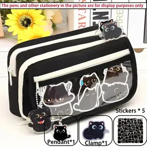 8-Piece Stationery Set (pencil Case + Stickers X 5 + Clips + Lanyard), Cat Theme Large Capacity Pencil Bag, School Supplies, Student Essentials
