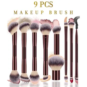 9pcs Facial Makeup Brushes & Tool Set - Brushes + Roller, Double-End Brow Applicators, Loose Powder, Finger Foundation, Contour, Concealer, Highlighter, Eyelash Curler - Gift for Women