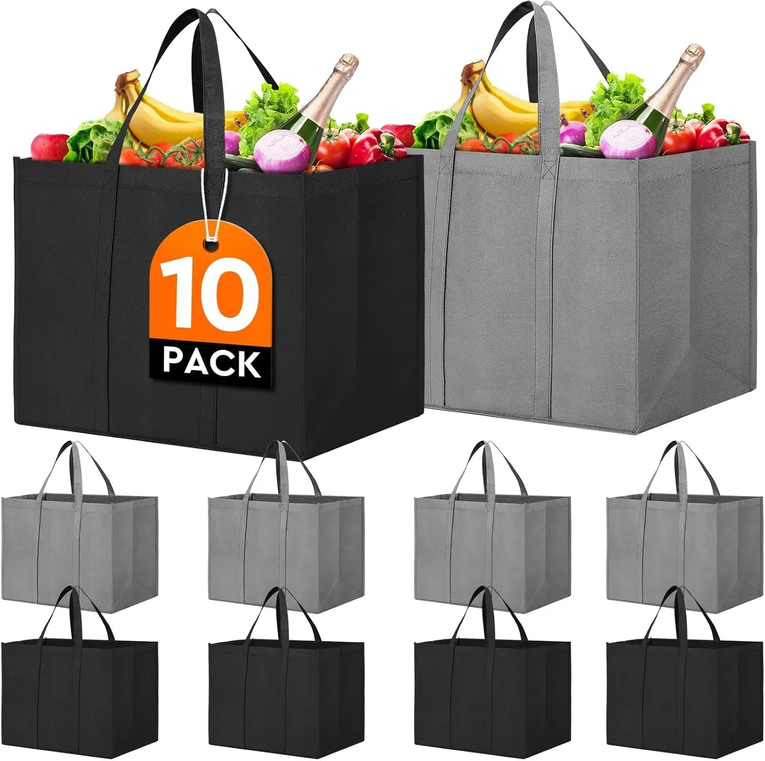 Reusable Grocery Shopping Bags 10 Pack Large Foldable Tote Bags Bulk, Eco Produce Bags with Long Handle for Shopping Groceries Clothes (Grey&Black)