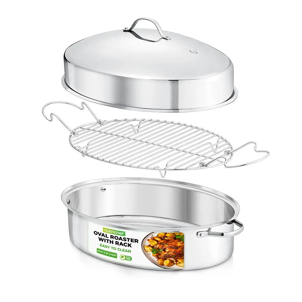 20" Stainless Steel Roasting Pan with Rack & Lid | Heavy Duty Oven Roaster with Wide Handles - Oven Safe & Dishwasher Safe Cookware for Tender Roast & Deep Dishes , Kitchen Essentials