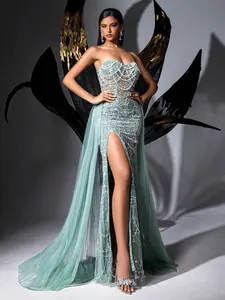 Luxury Mint Green Strapless Hand Beaded Mermaid Evening Gown | Pleated Tulle Overlay | High Slit | Formal Occasion