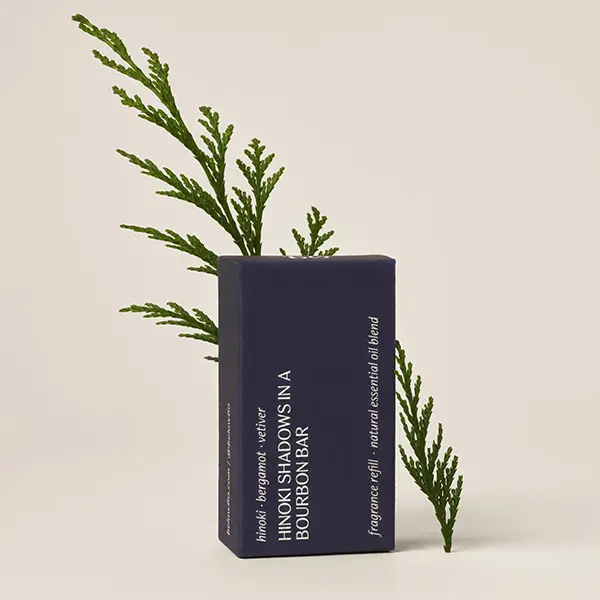 Hinoki Shadows in a Bourbon Bar with Exotic Woods & Earthy Freshness for Home Fragrance.