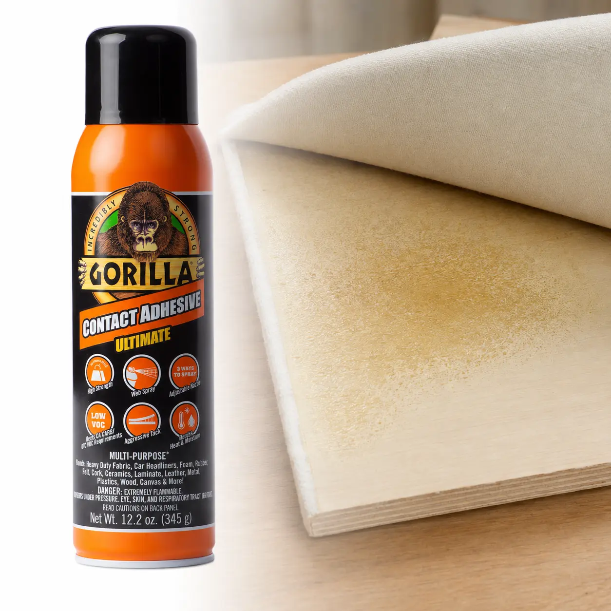 Gorilla 12.2 oz. Contact Adhesive Ultimate Spray,1-2 minute dry-to-tack,24-hr full cure,131 F heat tolerance,yellow dry color,indoor use,automotive upholstery,door panels,seat cushions,craft projects,cardboard,paper,ceramic,rubber,coated wood,painted wood
