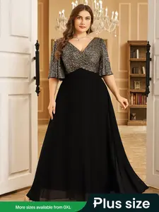 【Plus Size】 Glitter Sequin V Neck Dress, Embellished Dress, Elegant Half Sleeve Evening Party Gown, Women's Clothes for Special Occasions, Womenswear