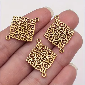 10pcs Hollow Rhombus Flower Earring Connectors, Antique Silver Color, Antique, DIY Jewelry Making Accessories, 22x28mm