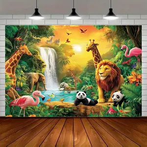 Nature Outdoors 1pc Tropical Rainforest Animal World Background Cloth for Youngsters' Photography with Lions Giraffes Elephants Pandas and Colorful Birds Wall Hanging Backdrop