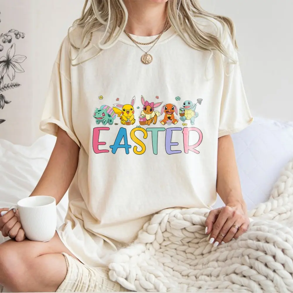 Pikachu And Friends Happy Easter Day Shirt, Cartoon Anime Shirt, Charmander, Squirtle, Bulbasaur, Eevee, Family Shirt