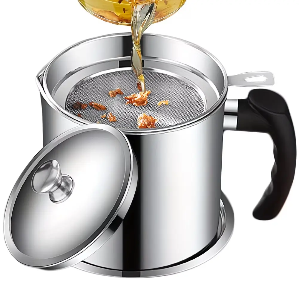 1pc Stainless Steel Kitchen Container with Strainer, 1.3L/44oz Capacity, Easy Storage of Cooking Oil and Grease, Convenient Handle for Safe Handling and Pouring