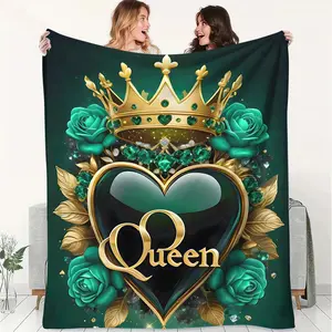 Queen Deep Green Luxury Flannel Blanket,Gold Crown Heart-Shaped Gemstones Emerald Embellishments Matching Rose Accents Cover Blanket, Soft Fluffy Warm Blanket,Outdoor Sports Blanket,Gift Blanket, Suitable Living Rooms,Sofas,Offices,Camping,Travel.